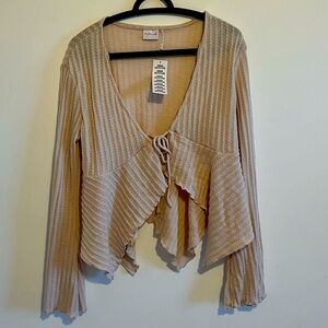 Cream tie up long sleeve knit top